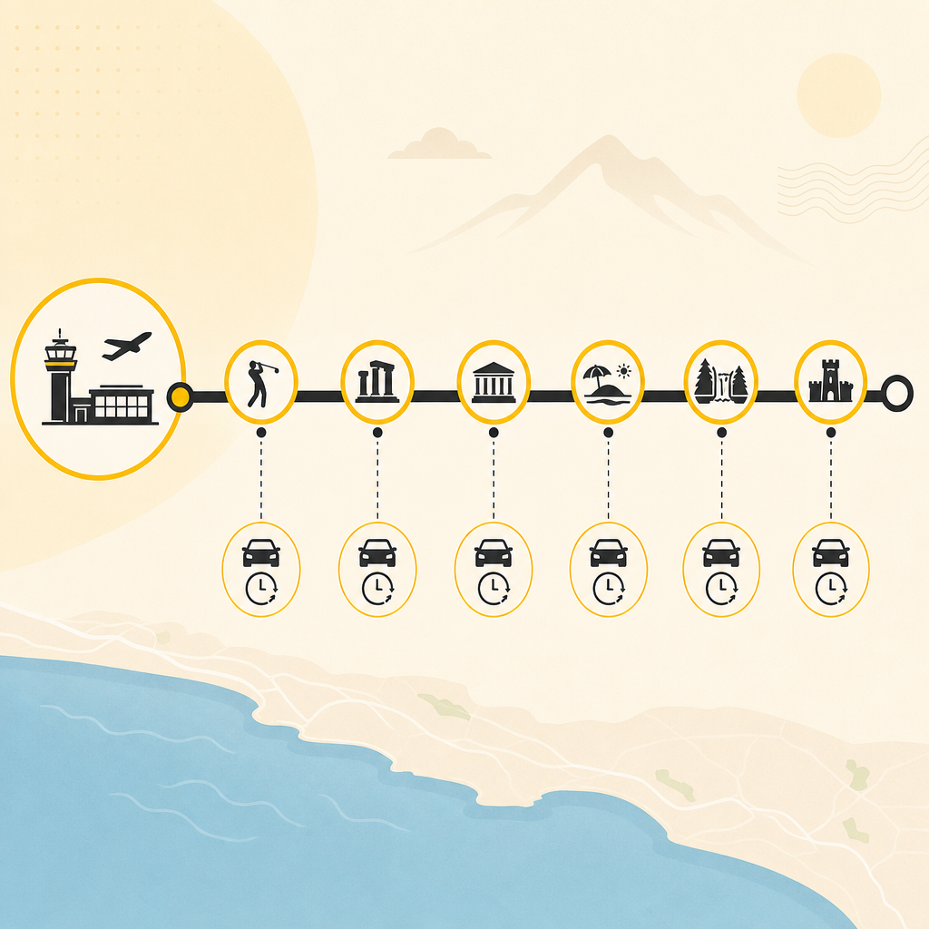 Route diagram showing distance and time from Antalya Airport to Manavgat sub-regions