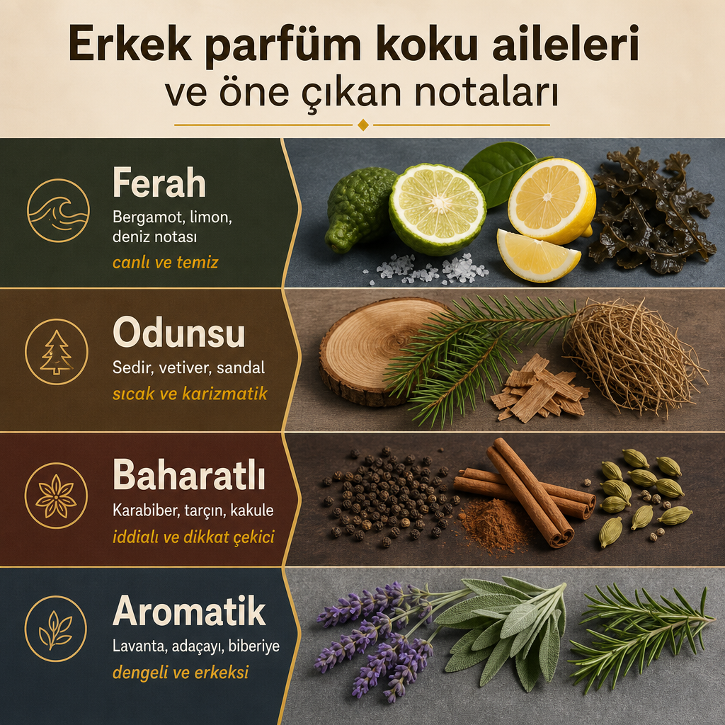 Ferah, odunsu, baharatlı ve aromatik erkek parfüm ailelerini öne çıkan notalarıyla gösteren karşılaştırma grafiği