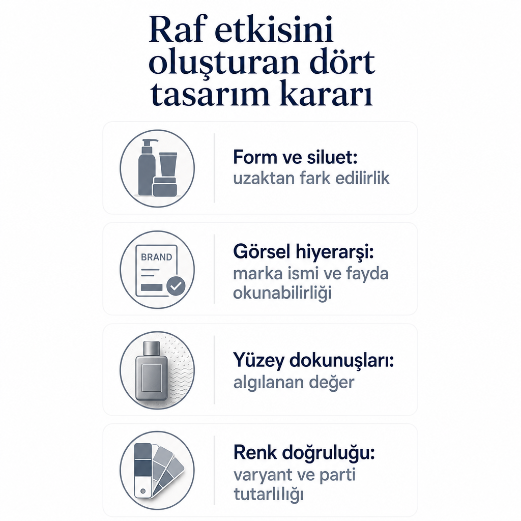 Kozmetik ambalajında raf etkisini oluşturan dört tasarım kararını gösteren infografik