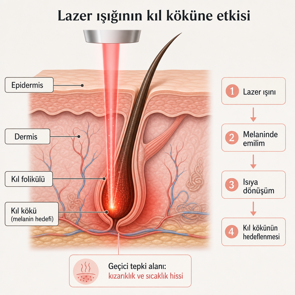 Cilt katmanlarını ve lazer ışınının kıl köküne inişini gösteren basit medikal çizim