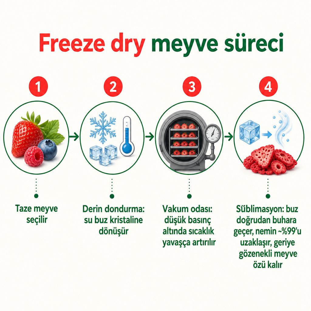 Freeze dry sürecini dört adımda gösteren süreç görseli: dondurma, vakum, süblimasyon ve kurumuş meyve