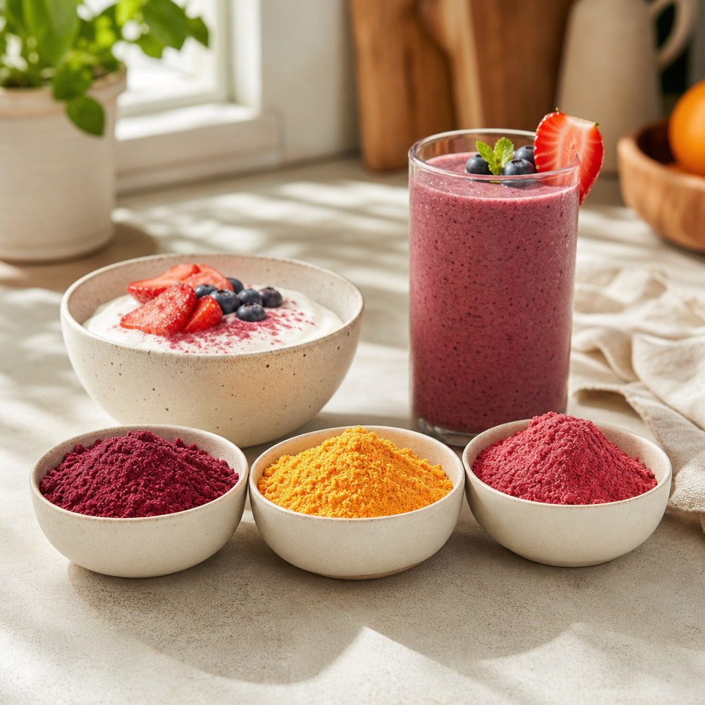 Kaselerde bordo nar, turuncu portakal ve kırmızı çilek tozları; yanında yoğurt ve smoothie