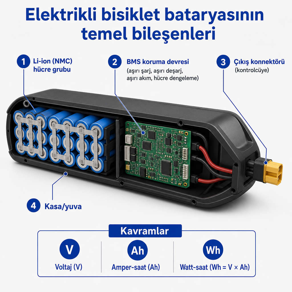 Elektrikli bisiklet bataryasında hücre grubu, BMS devresi ve çıkış konnektörünü gösteren kesit diyagramı