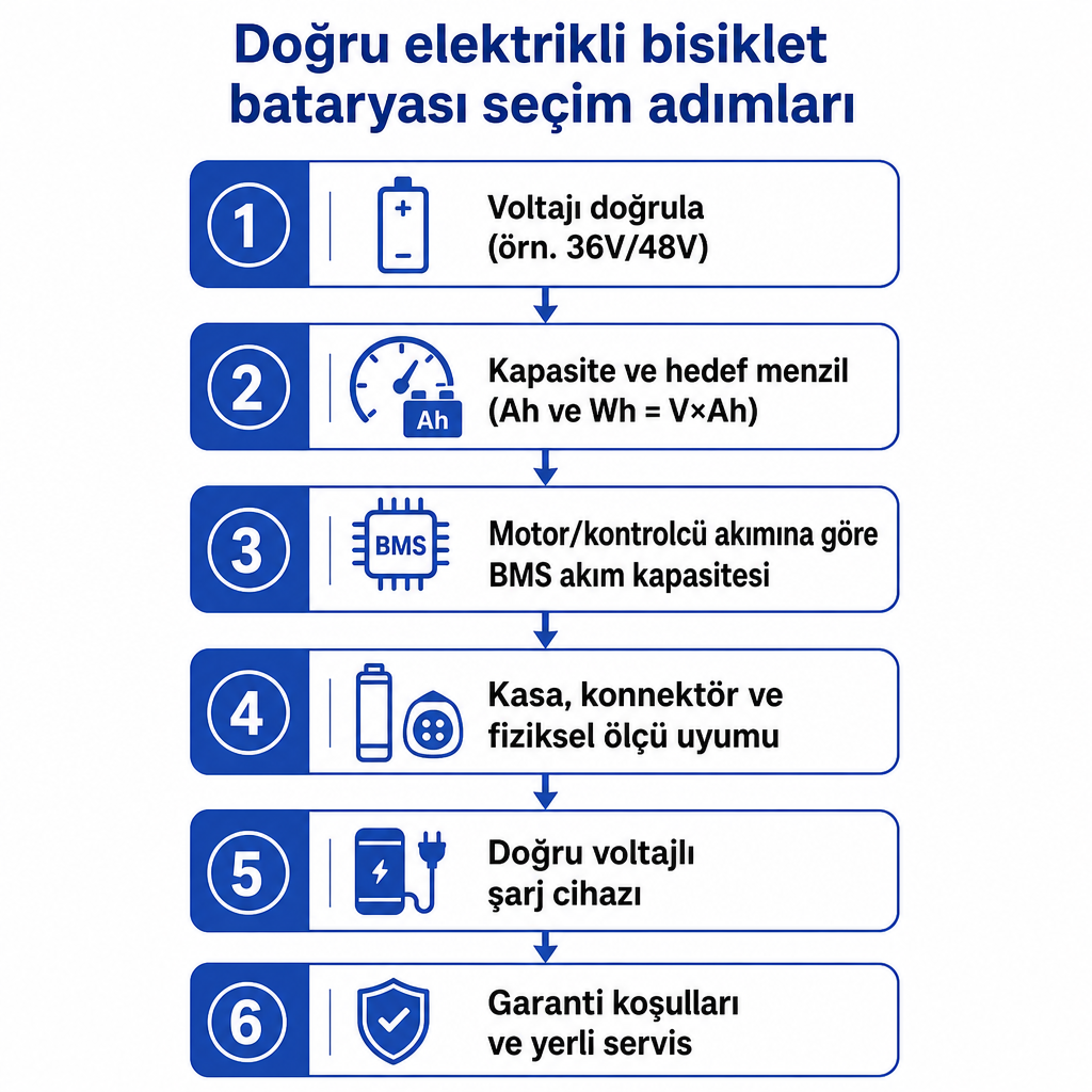 Elektrikli bisiklet bataryası seçiminin altı adımını gösteren dikey akış şeması