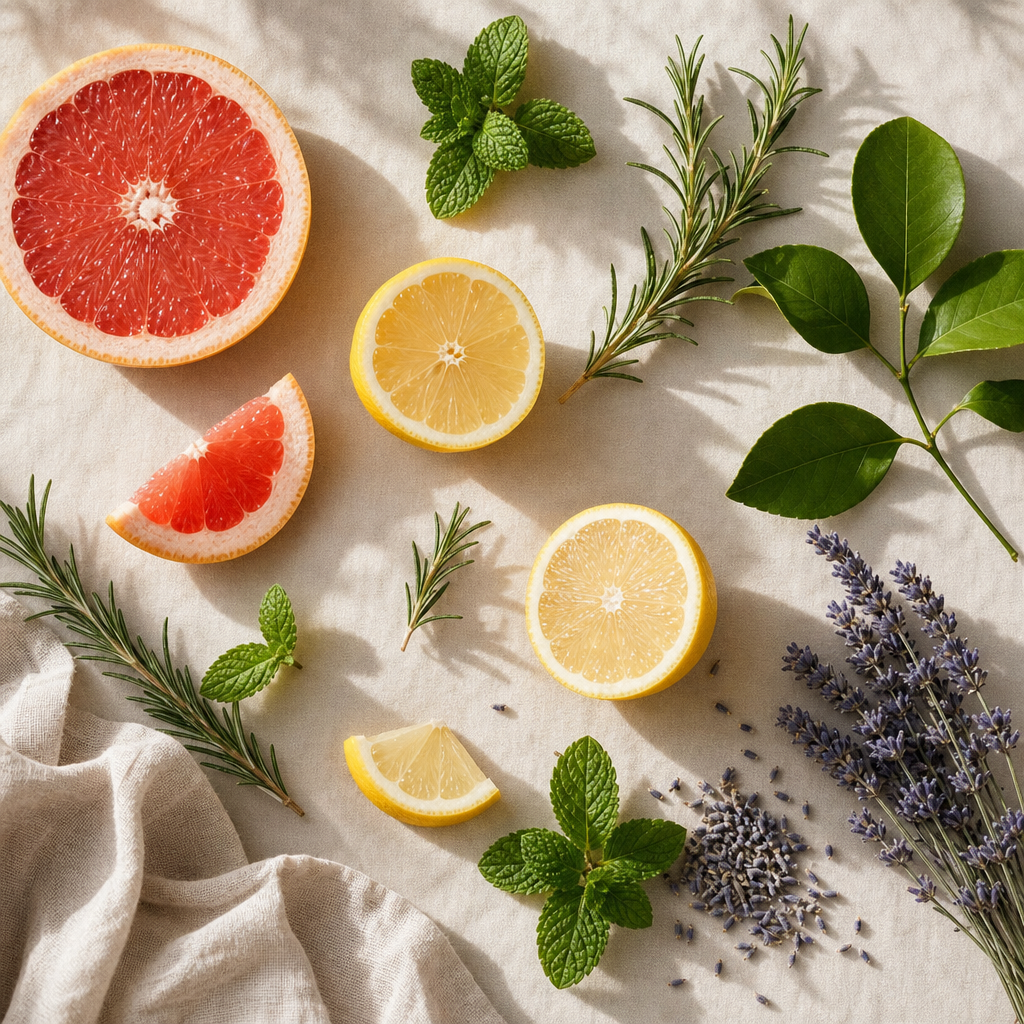 Taze narenciye dilimleri, yeşil aromatik dallar ve kuru lavantadan oluşan editorial flat-lay düzenleme