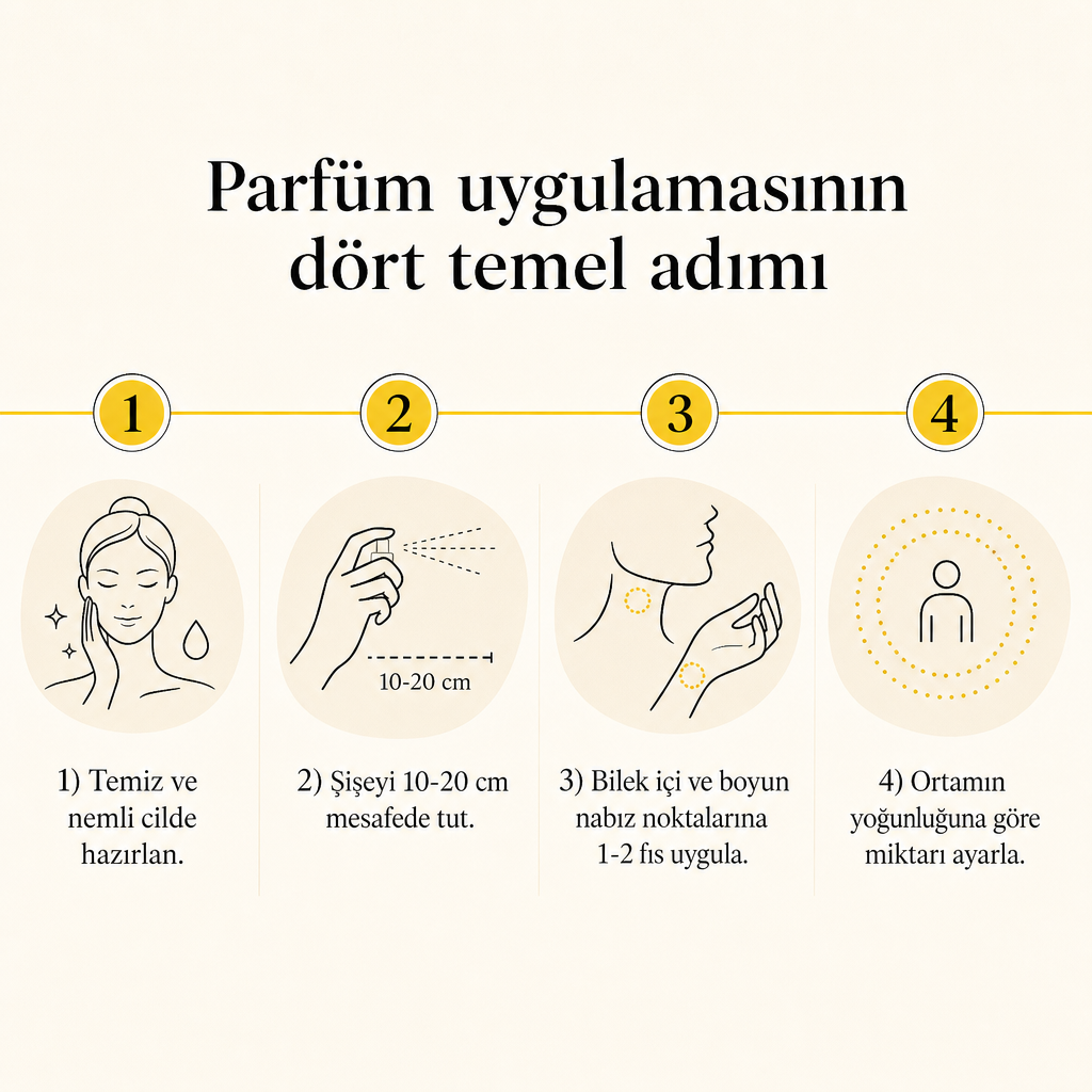 Parfüm uygulamasının dört adımını gösteren sade süreç görseli