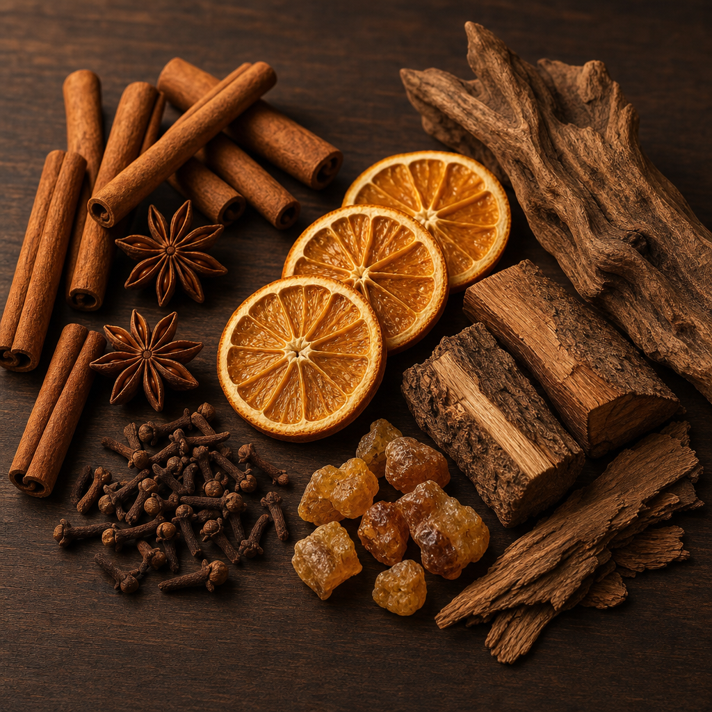 Tarçın, yıldız anason, karanfil, kuru portakal ve odun parçalarından oluşan sıcak tonlu still-life düzenleme