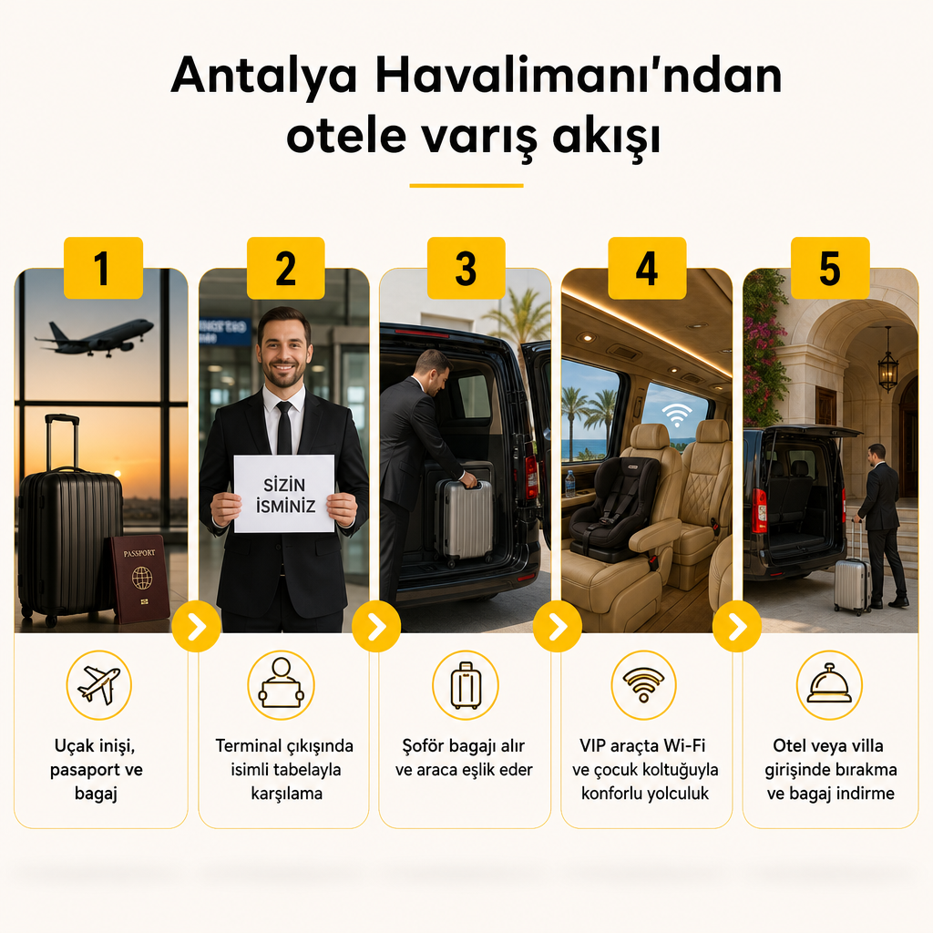 Flussdiagramm mit den fünf Schritten des VIP-Transferprozesses vom Flughafen Antalya zum Hotel