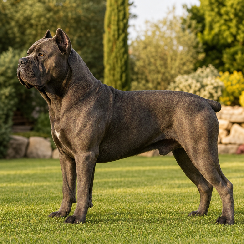 Bahçede yan profilden duran kaslı, geniş kafalı yetişkin bir Cane Corso.