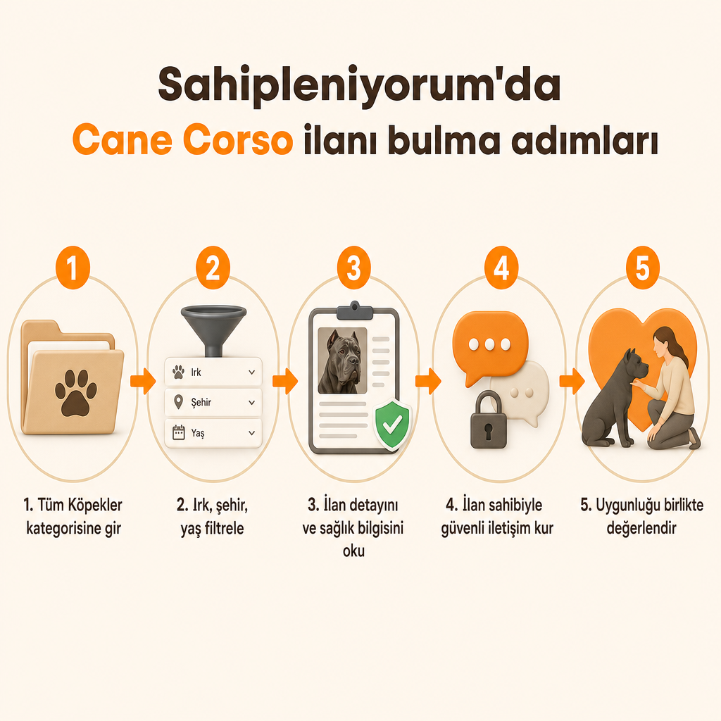 Cane Corso ilanı bulmanın beş adımını gösteren süreç görseli.