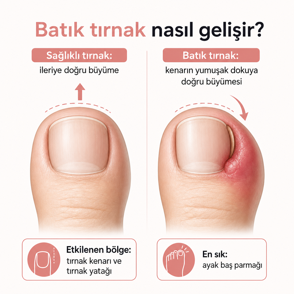 Sağlıklı tırnak büyümesi ile batık tırnak büyümesini karşılaştıran şematik ayak parmağı çizimi