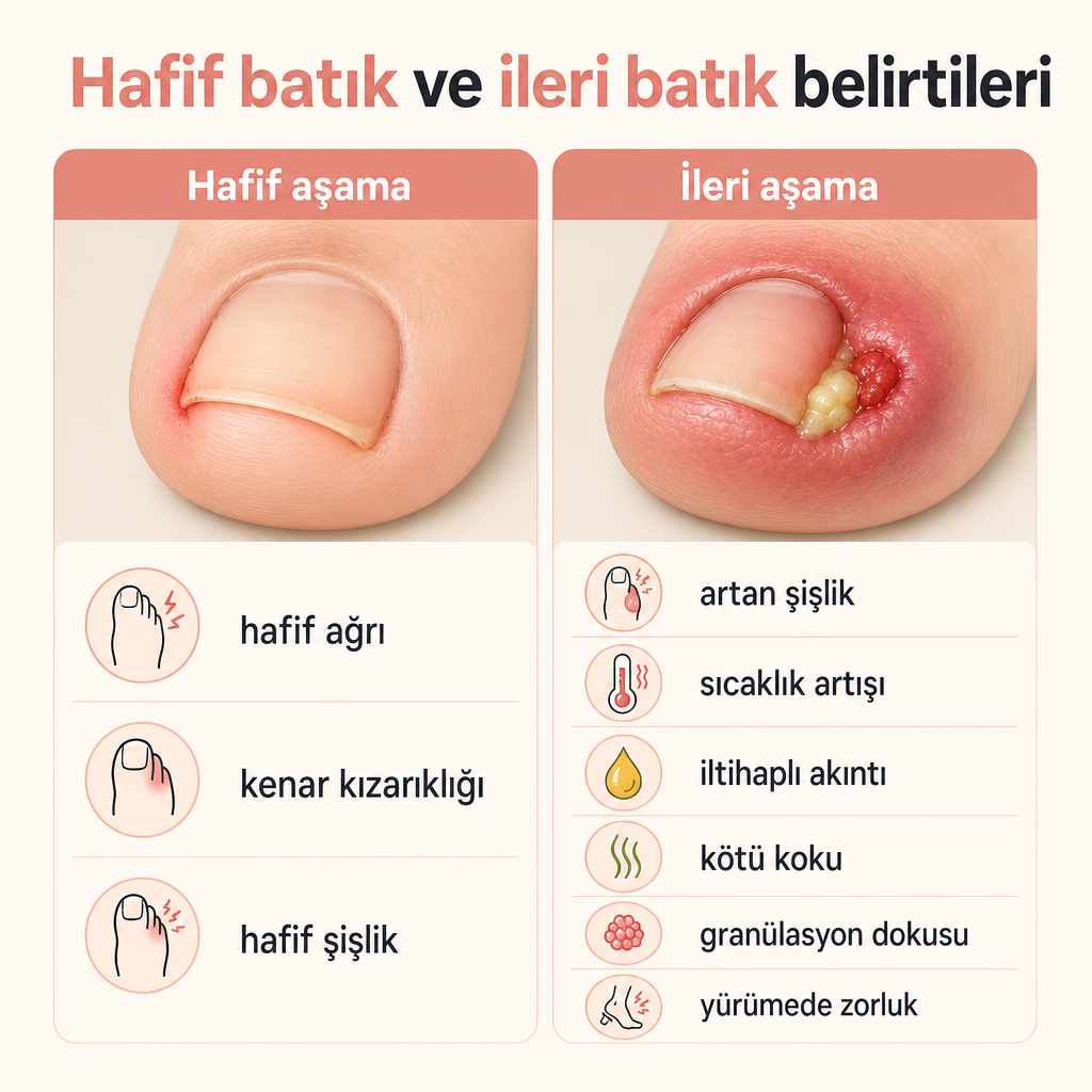 Batık tırnağın hafif ve ileri aşamalarındaki belirtileri karşılaştıran bilgi grafiği