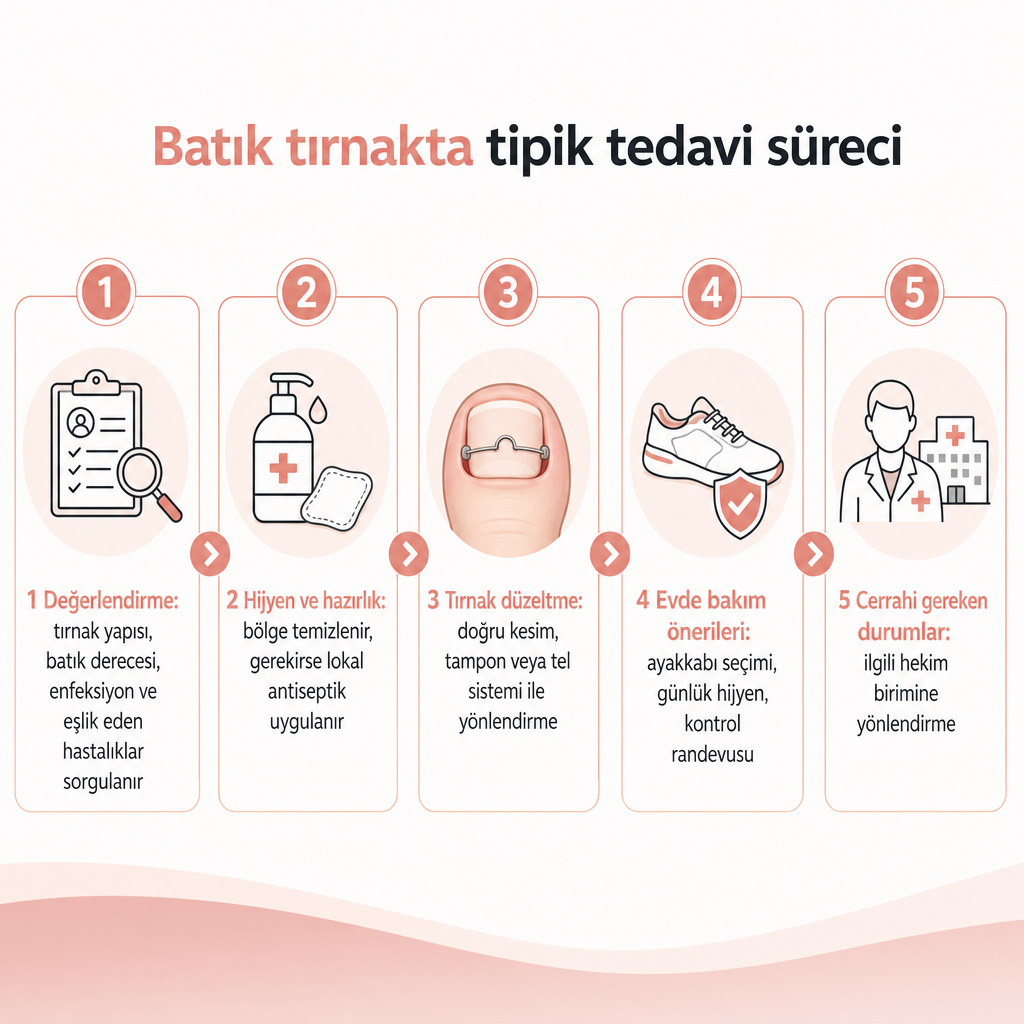 Batık tırnak tedavisinde değerlendirmeden yönlendirmeye uzanan beş adımlı süreç şeması
