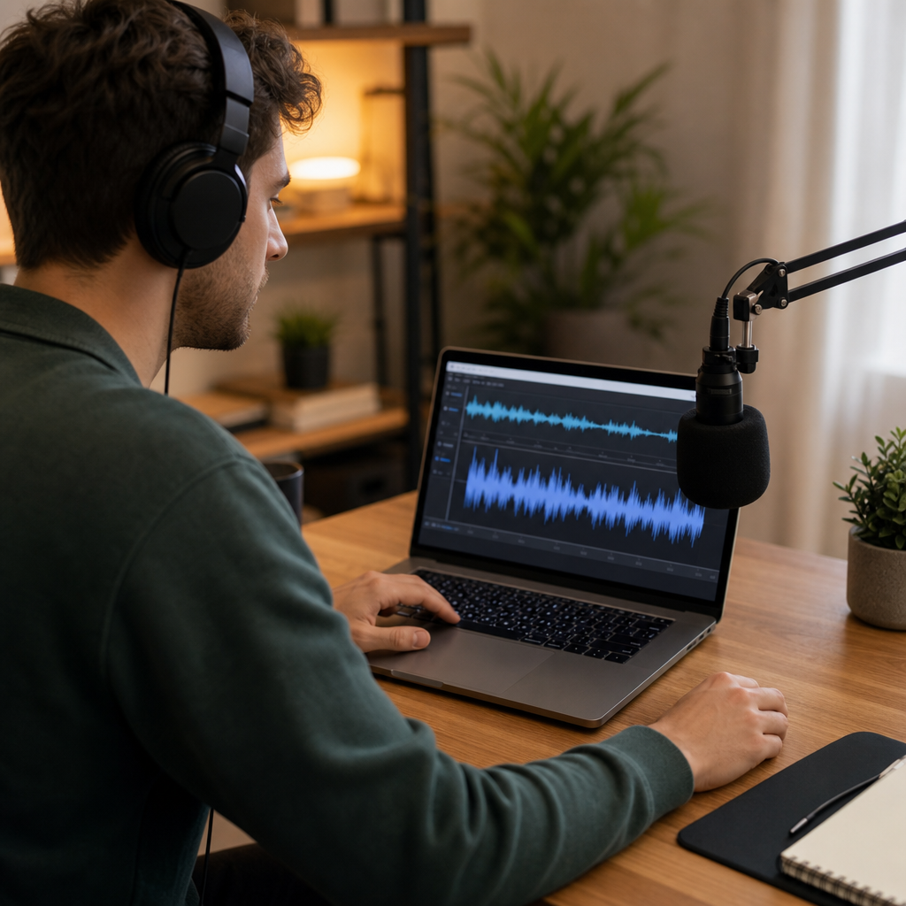 Een maker met koptelefoon bewerkt een audiogolfvorm op een laptop aan een thuisstudio-bureau.