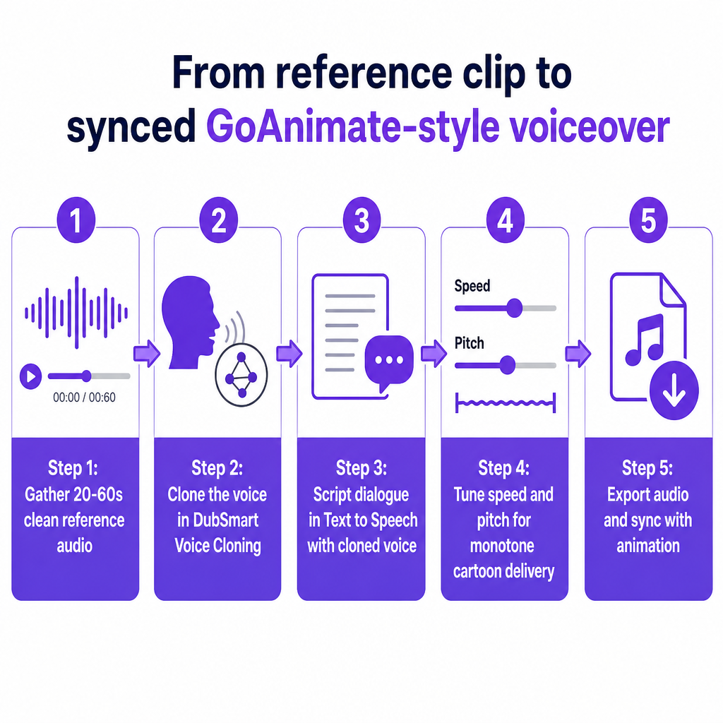 Een vijfstaps diagram met referentie-audio, klonering, scripting, afstemming van toonhoogte en snelheid, en export.