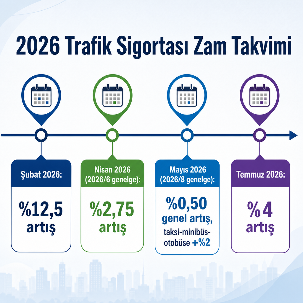 2026 yılında Şubat, Nisan, Mayıs ve Temmuz aylarında uygulanan trafik sigortası zam oranlarını gösteren zaman çizelgesi