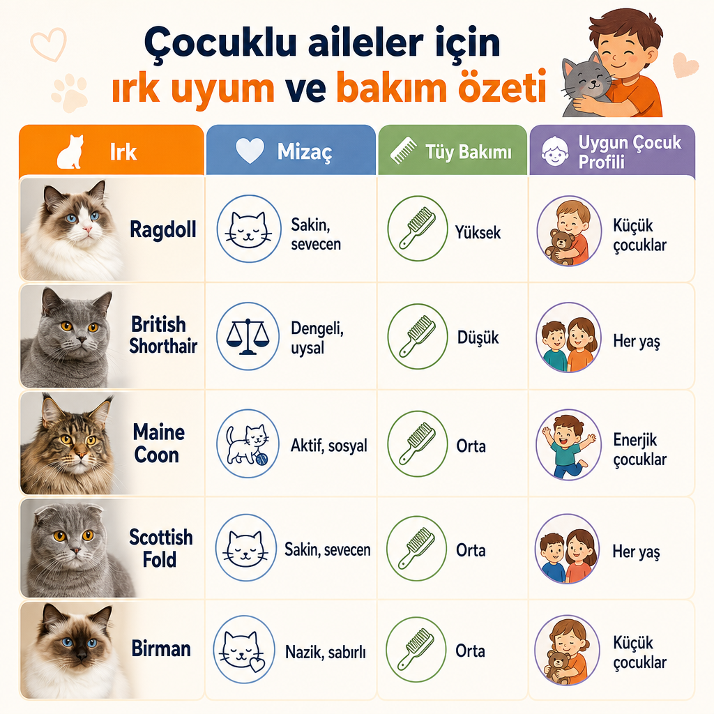 Ragdoll, British Shorthair, Maine Coon, Scottish Fold ve Birman ırklarının mizaç, tüy bakımı ve uygun çocuk profiline göre karşılaştırması