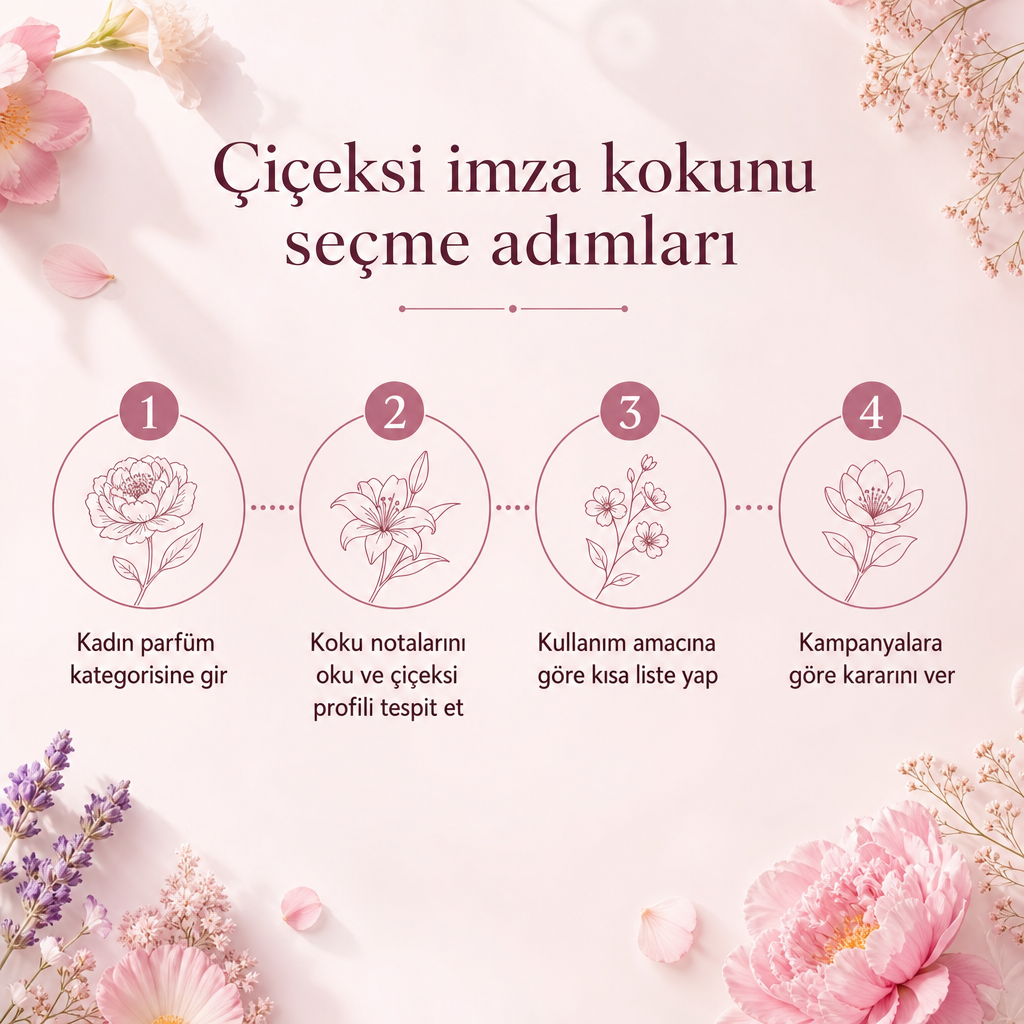 Çiçeksi kadın parfümü seçmenin dört adımını gösteren sade süreç görseli