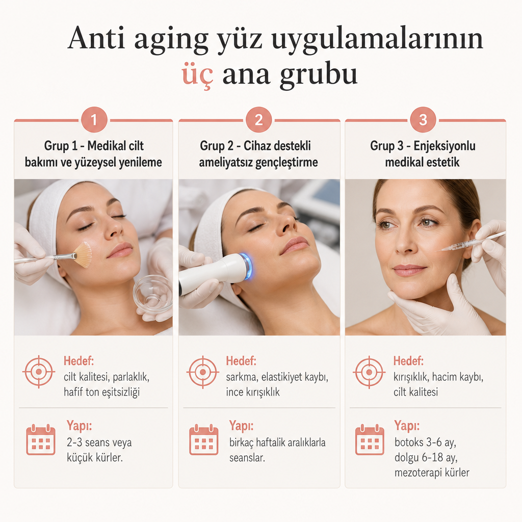 Üç anti aging uygulama grubunu hedef sorun ve seans yapısına göre karşılaştıran görsel