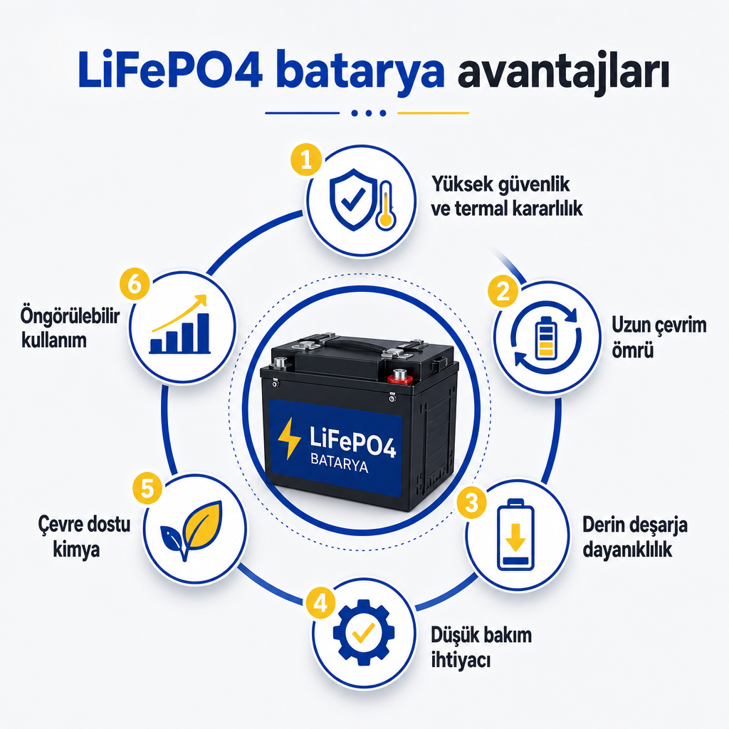 LiFePO4 batarya avantajlarını altı başlık halinde gösteren radyal bilgi grafiği