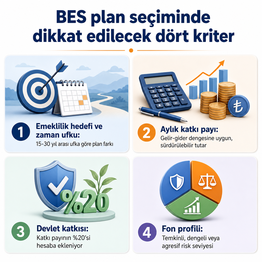 Emeklilik hedefi, katkı payı, devlet katkısı ve fon profili kriterlerini gösteren karşılaştırma görseli