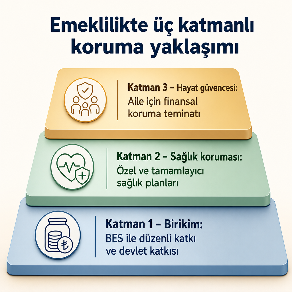 Birikim, sağlık koruması ve hayat güvencesinden oluşan üç katmanlı emeklilik koruma şeması