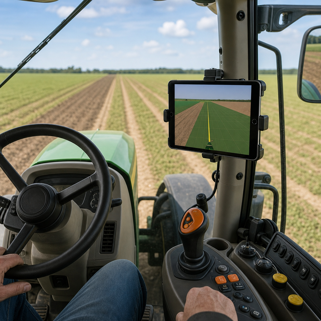 Tractor cab with an iPad mounted on the pillar showing field guidance instead of a laptop.