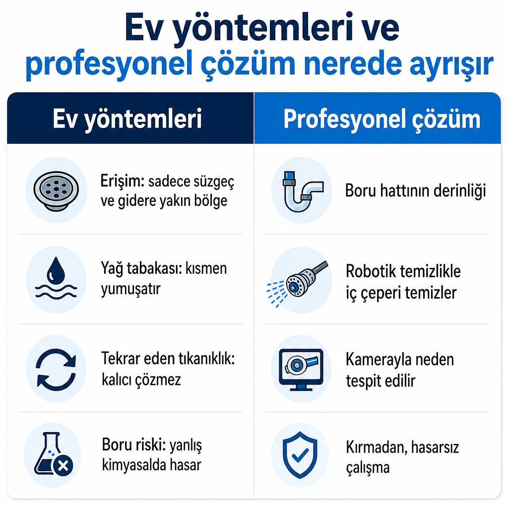 Ev yöntemleri ile profesyonel lavabo açma çözümünün erişim, etki ve risk açısından karşılaştırması