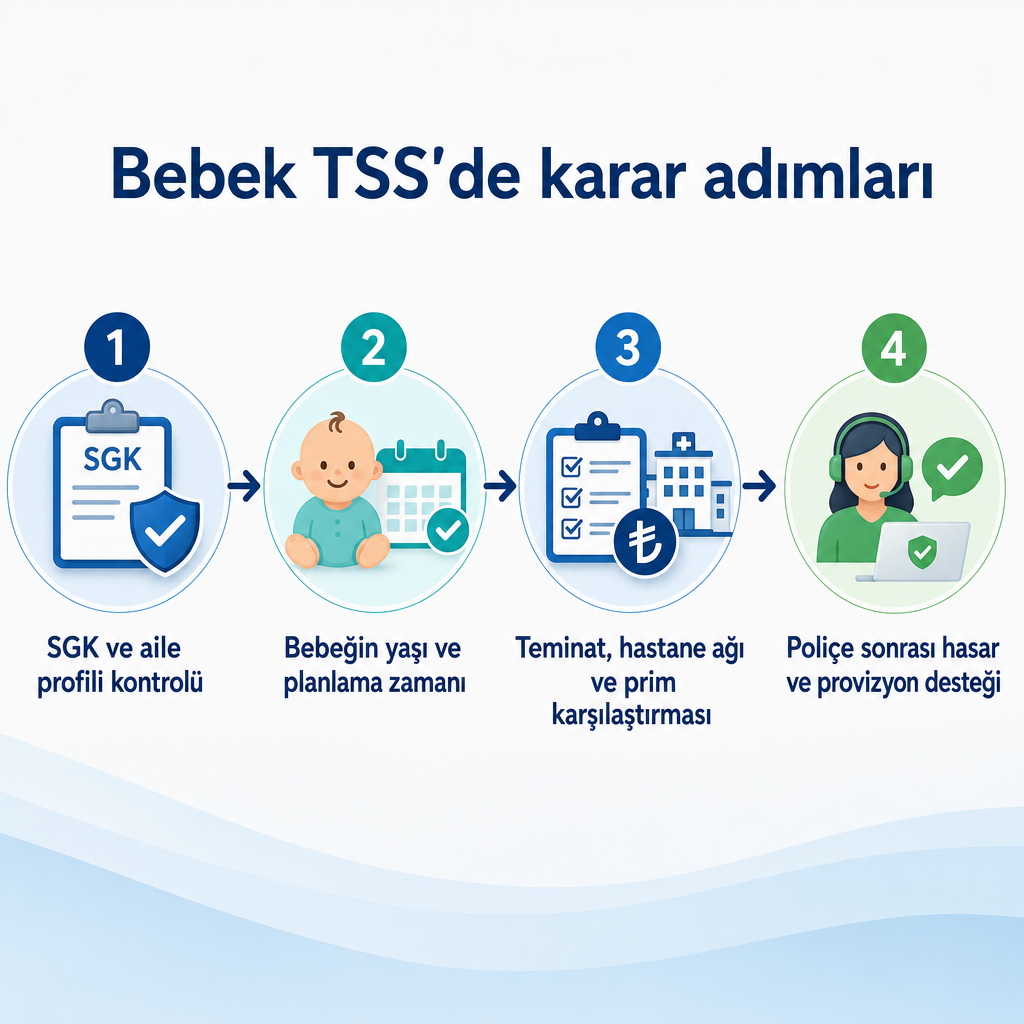 Bebek tamamlayıcı sağlık sigortasında dört adımlı karar sürecini gösteren şema