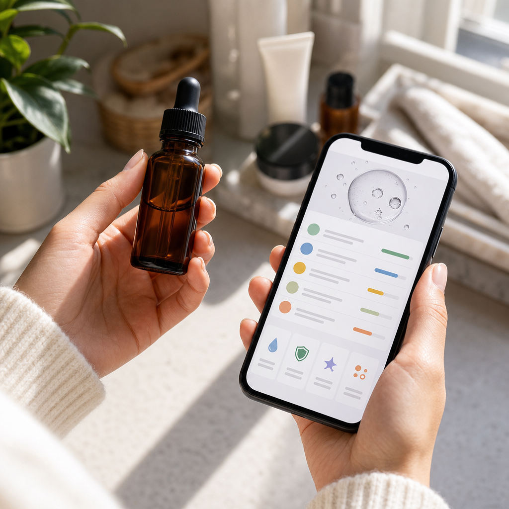 Hands holding a plain amber serum bottle next to a phone displaying a skincare analysis app