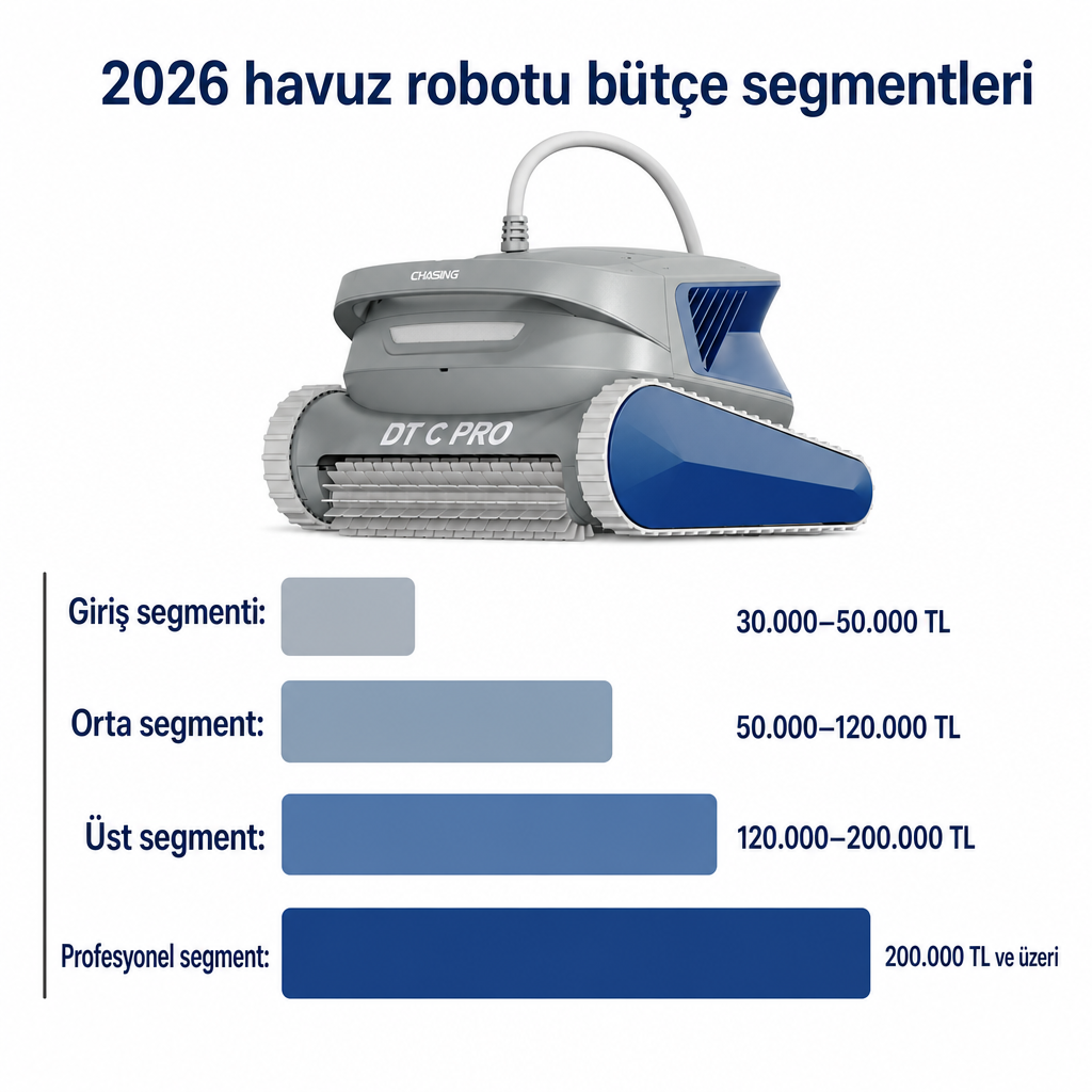 Dört havuz robotu bütçe segmentini ve yaklaşık TL aralıklarını gösteren yatay çubuk grafik