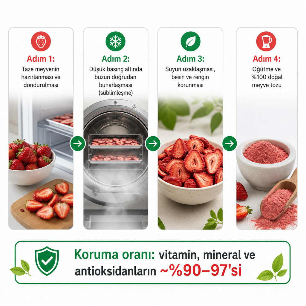 Freeze-dry sürecinin dört adımını gösteren şema: hazırlama, süblimleşme, koruma ve öğütme