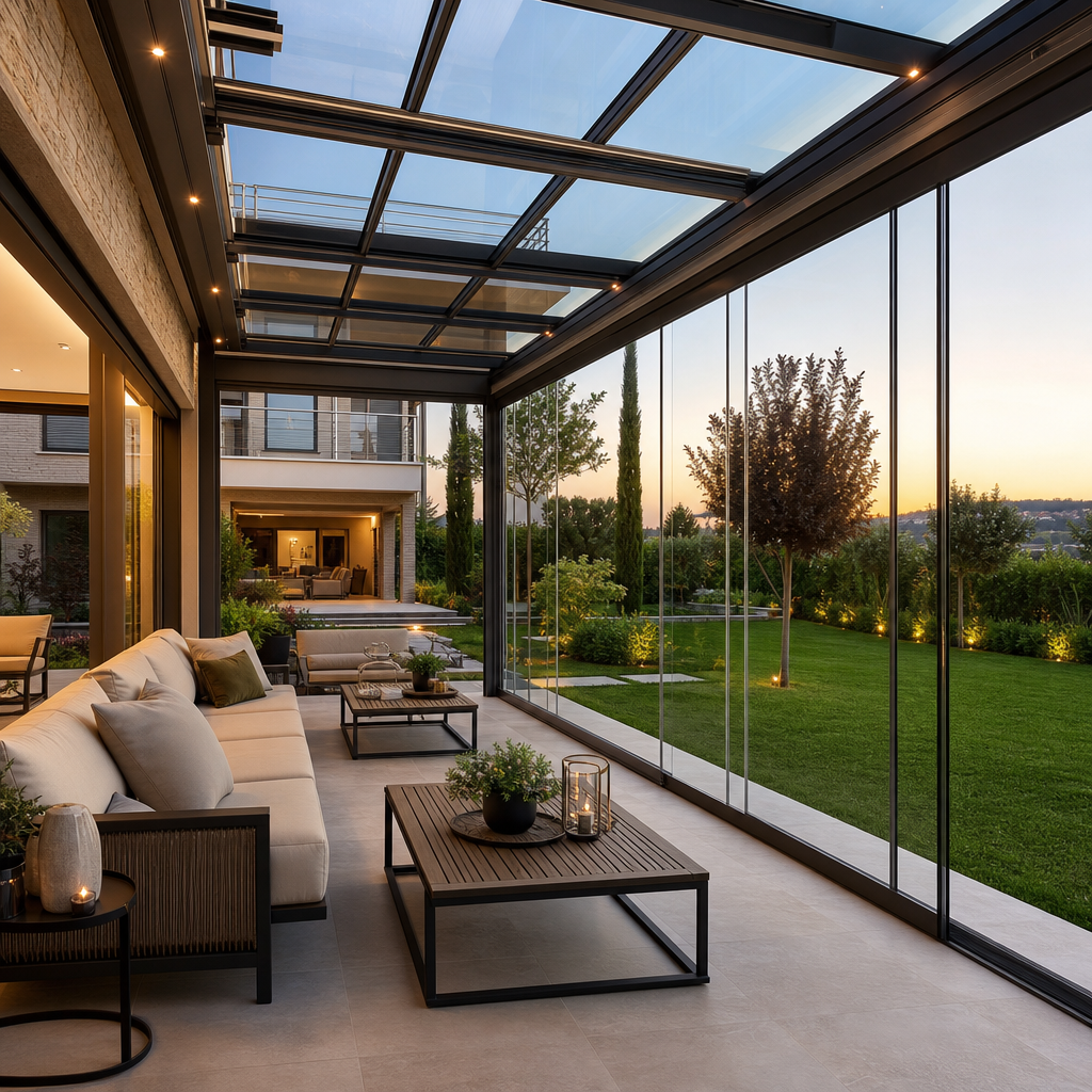 Yan cephesi sürme camla, üstü açılır çatıyla kapatılmış modern bir villa terası