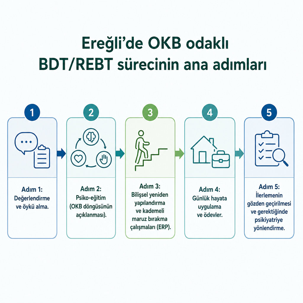 Değerlendirme, psiko-eğitim, bilişsel çalışma ve maruz bırakma, günlük uygulama ve gözden geçirmeden oluşan beş adımlı OKB tedavi süreci akışı.