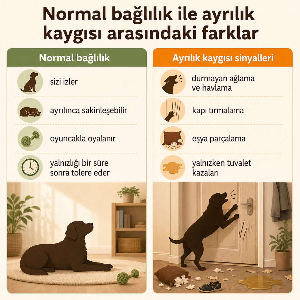 Normal bağlılık ile ayrılık kaygısı belirtilerini iki sütunda karşılaştıran görsel.
