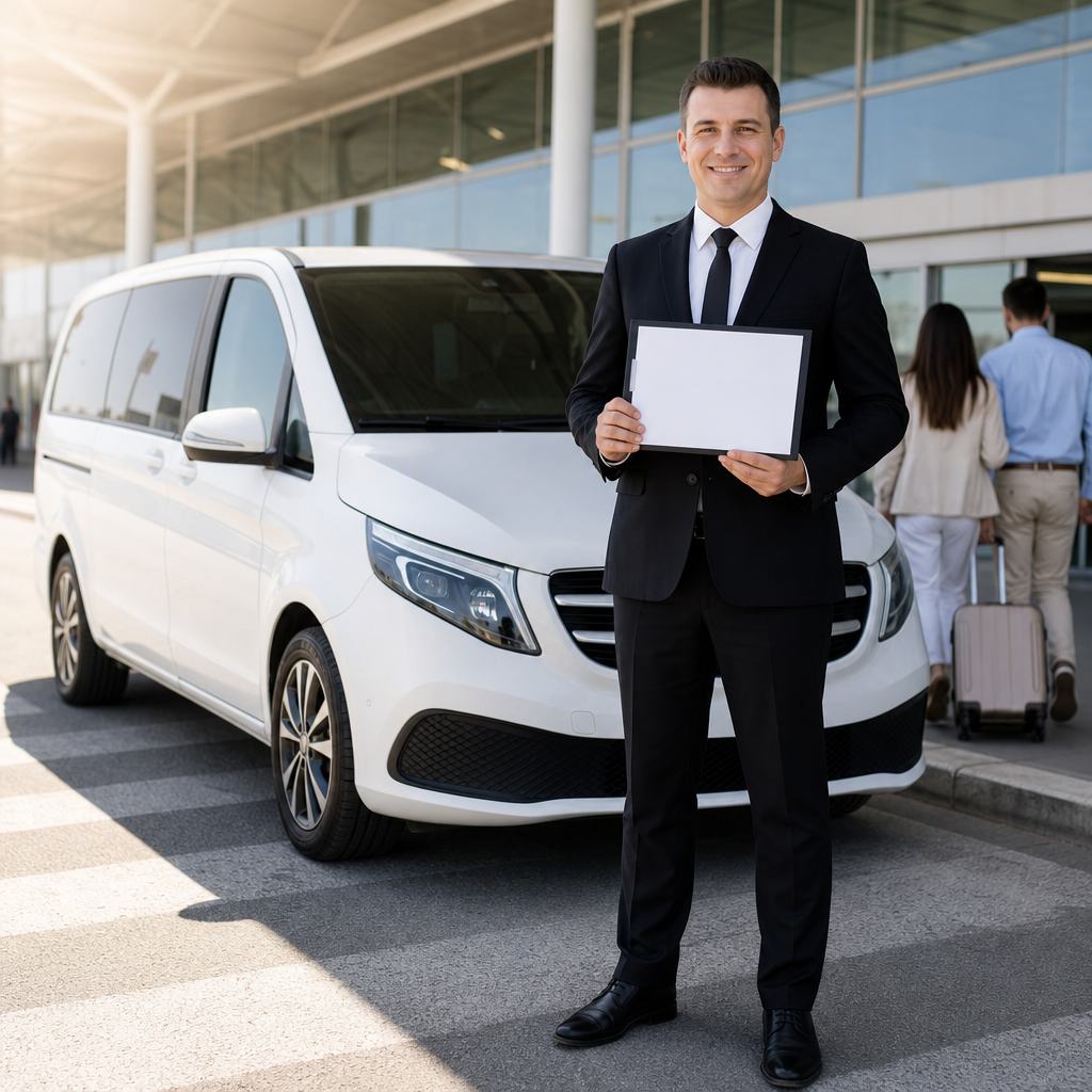 Профессиональный водитель, встречающий гостей перед автомобилем VIP-трансфера на выходе из аэропорта Антальи