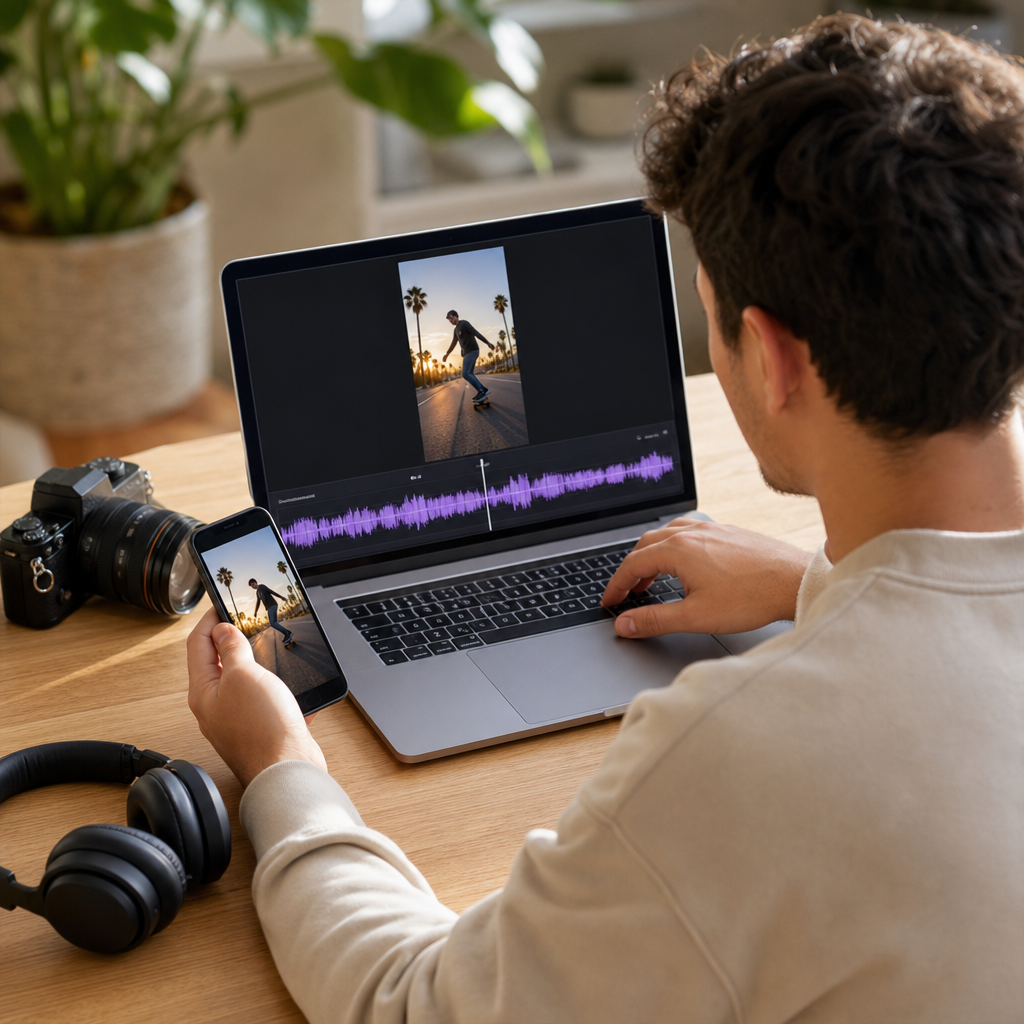 A creator editing a vertical short-form video with an audio waveform on the laptop screen