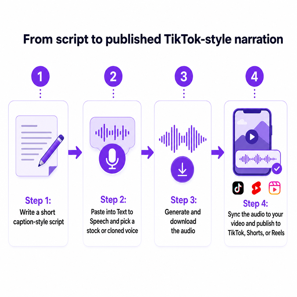 Four-step process from writing a script to publishing a video with generated narration