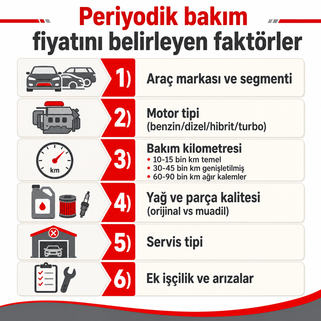 Periyodik bakım fiyatını etkileyen altı ana faktörü sıralayan bilgi grafiği