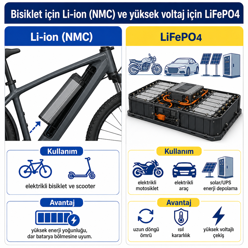Elektrikli bisiklet için Li-ion NMC ile yüksek voltajlı projeler için LiFePO4 kimyasını kullanım alanına göre karşılaştıran görsel.