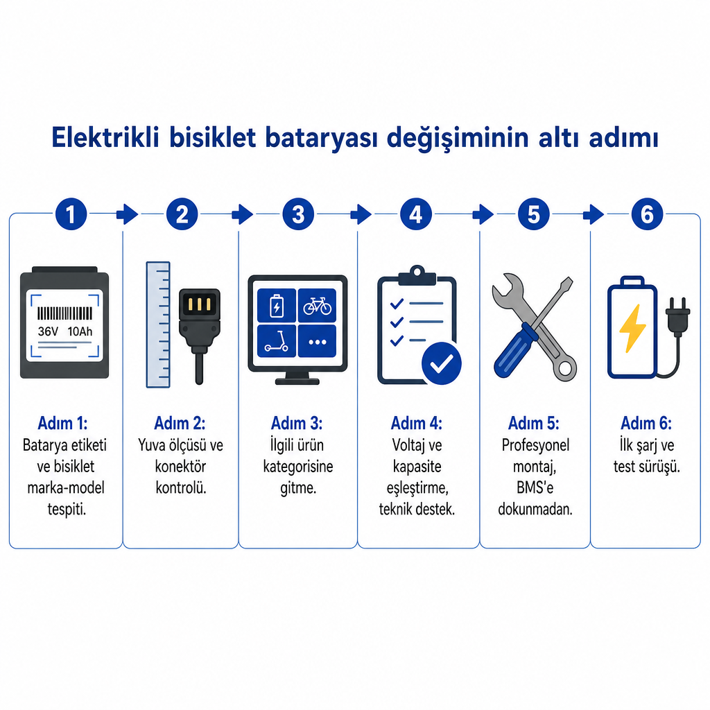 Elektrikli bisiklet bataryası değişim sürecini altı adımda gösteren akış diyagramı.