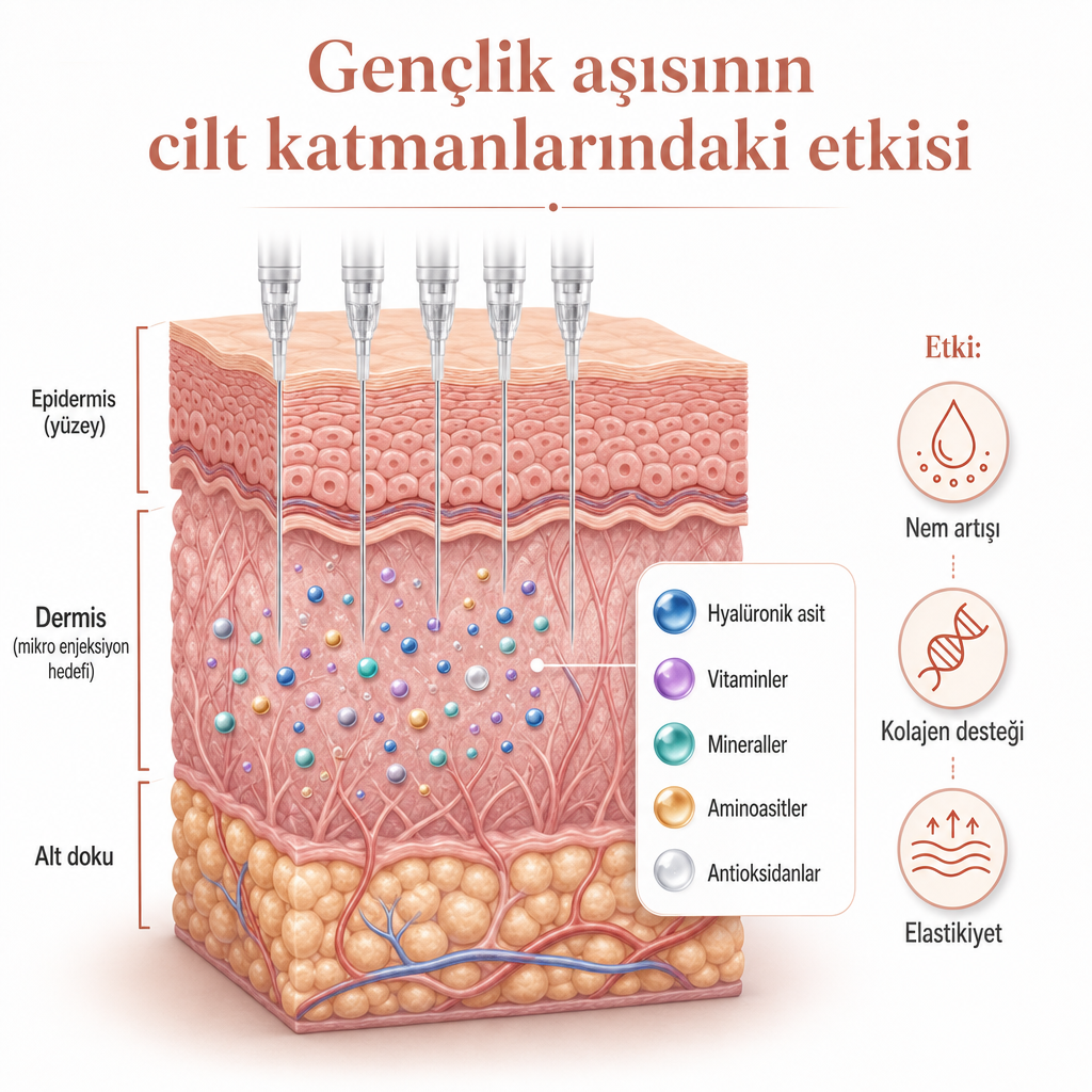 Cilt katmanlarını ve gençlik aşısının mikro enjeksiyonla dermise ulaşan içeriklerini gösteren diyagram