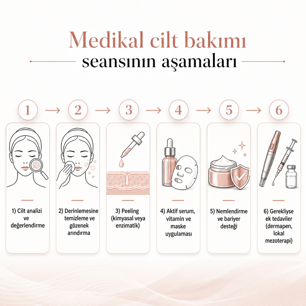 Medikal cilt bakımı sürecinin altı adımını gösteren akış şeması