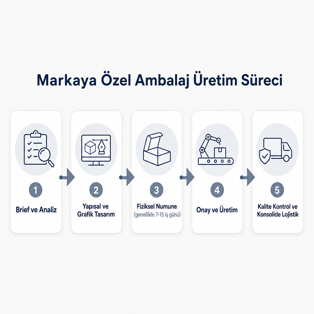 Beş aşamalı ambalaj üretim akışı: brief, tasarım, numune, üretim, lojistik