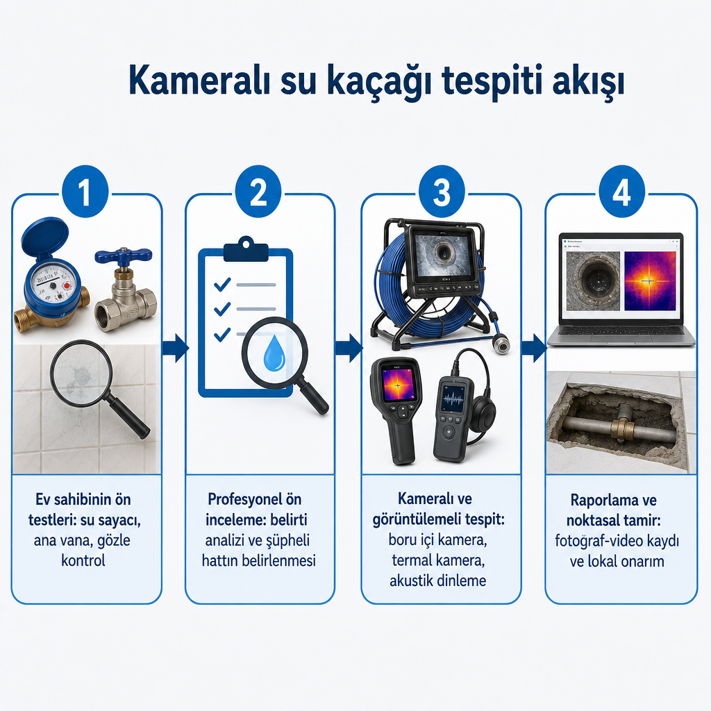 Ön testlerden noktasal onarıma uzanan dört adımlı su kaçağı tespiti süreç şeması