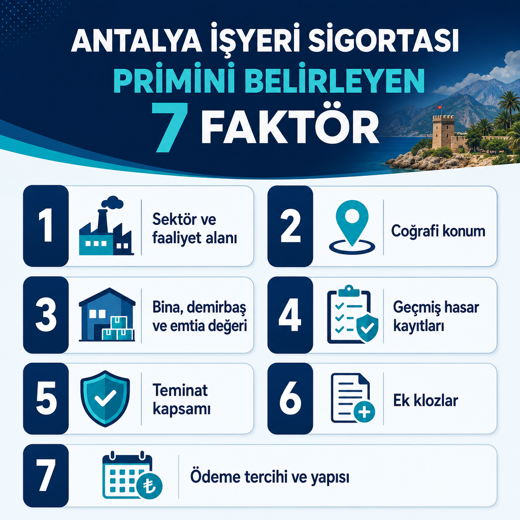 Antalya işyeri sigortası primini belirleyen yedi ana faktörü gösteren bilgi grafiği