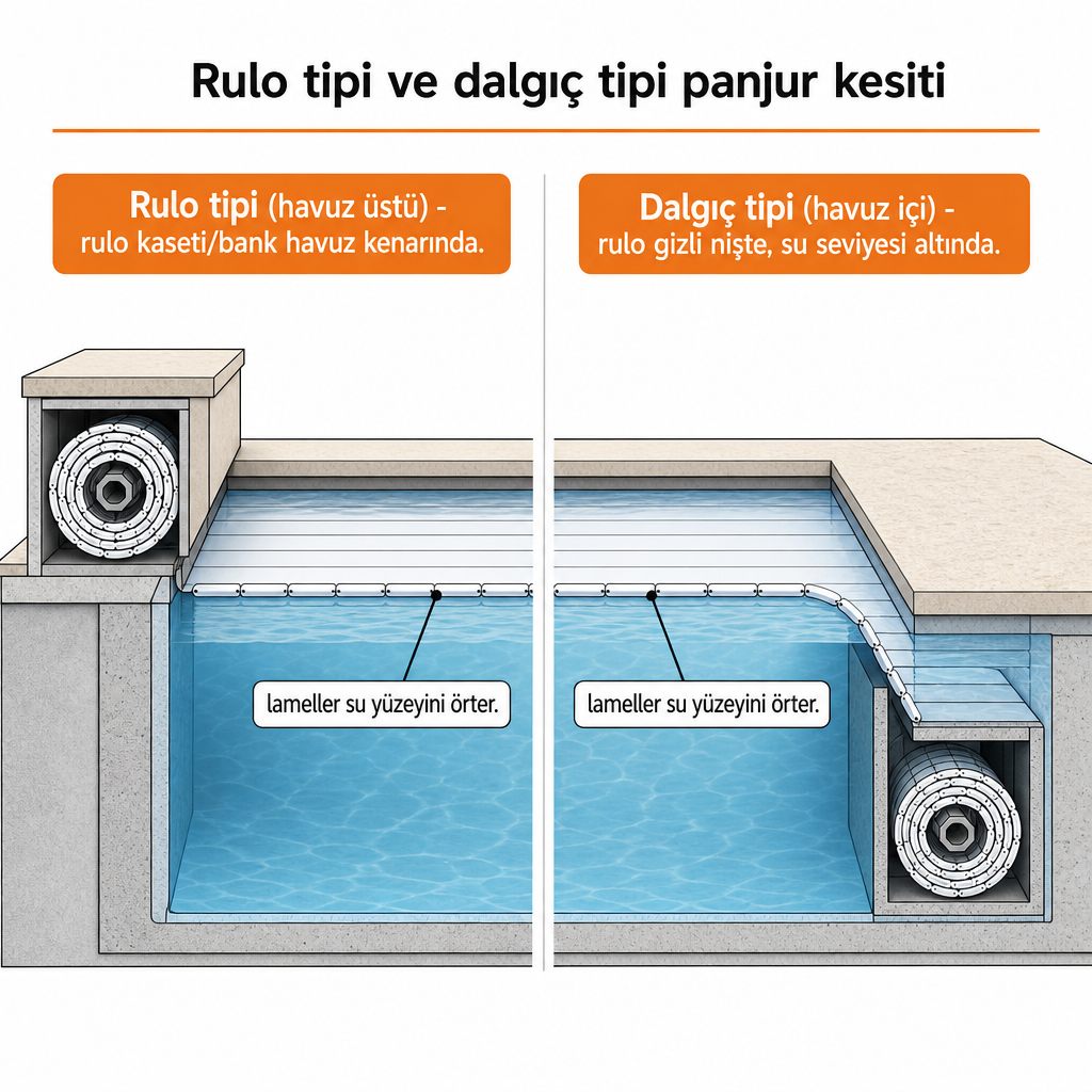 Rulo tipi ve dalgıç tipi otomatik havuz panjurunun havuz kesitindeki konumlarını gösteren şematik çizim.