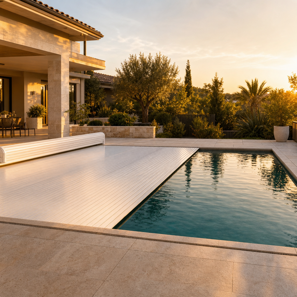 Villa havuzunda yarısı kapalı yarısı açık otomatik havuz panjuru.