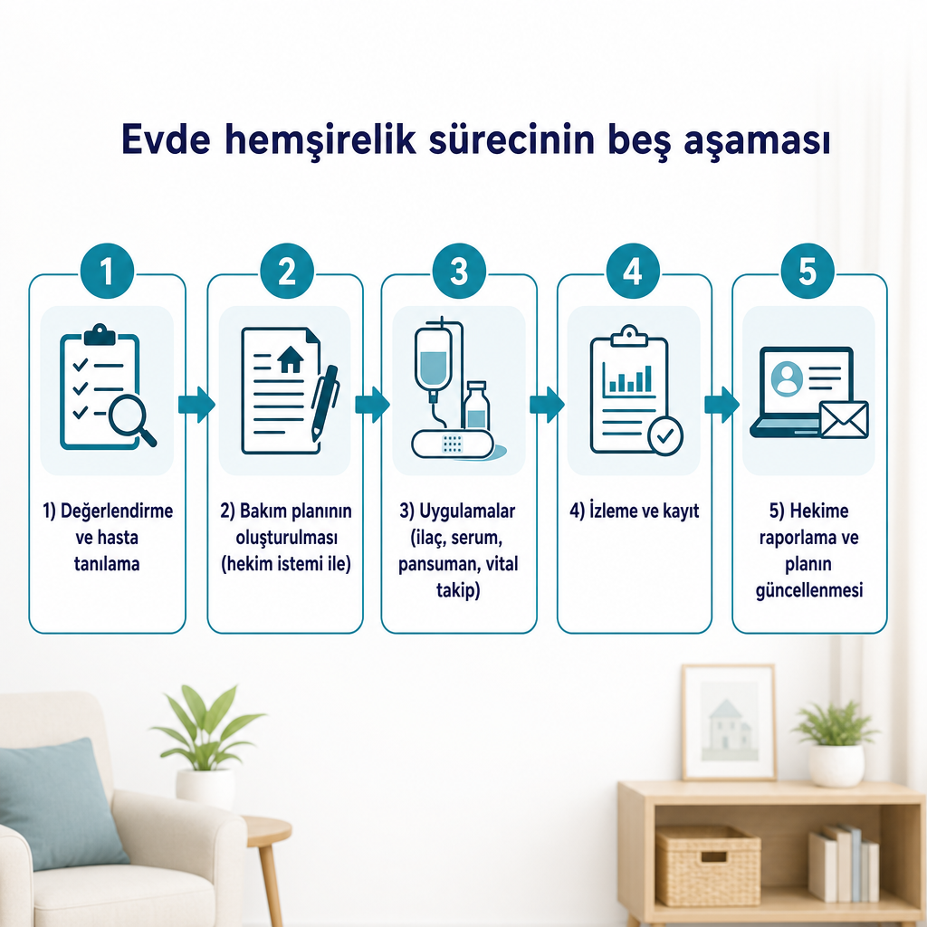 Diagramme de flux du processus en cinq étapes suivi par l'infirmière en soins à domicile