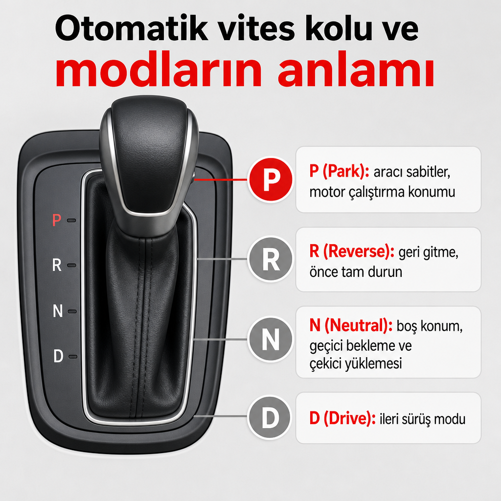 Otomatik vites kolunda P, R, N, D konumlarının anlamlarını gösteren şema